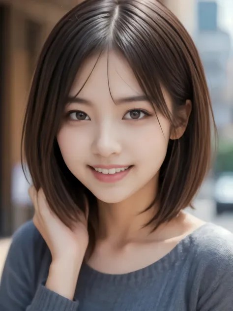 (((face close-up)))、(((brown、 shoulder length、 straight short bob )))、(((she has the New York skyline in the background、posing like a model at the beauty salon。.)))、(((casual black long-sleeved winter attire)))、 18 year old girl 、Independence、 facing forwa...