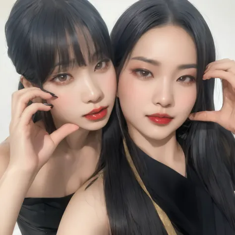 two Asian women with long black hair and red lipstick posing for a photo, Ulzzang, com preto, Nixeu e Sakimichan, Lalisa Manobal, Ela tem cabelo preto com franja, sao 8 k, pixivs e junji ito, 👅 👅, both have red lips, com hera, O corte Hime, Shikami