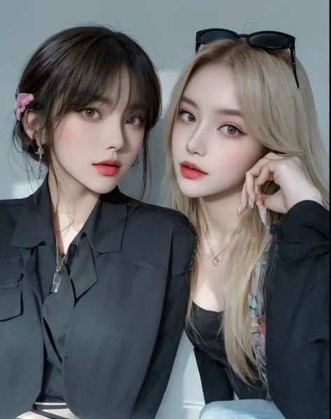 two women with long hair and sunglasses posing for a picture, ulzzang, with pale skin, two models in the frame, lalisa manobal, two girls, nixeu and sakimichan, pale skin and dark eyes, with black, two beautiful anime girls, beautiful gemini twins, beautif...
