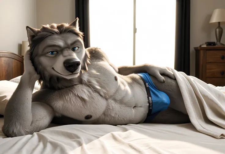 WinstonAO, wolf, old wolf, blue eyes, solo, detailed, detailed face, anthro, male, adult, very muscular, heavyweight body, mass, shirtless, (detailed fur, correct lighting, correct shadows), dim room, sweet smile, gentle face, bedroom eyes, on bed, laying ...