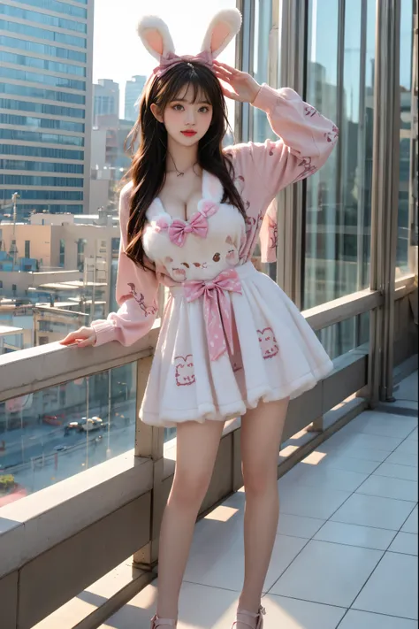 cyb dress,rabbit dress,white dress,rabbit skirt,shirt,animal print shirt,long sleeves,bow,pink bow,rabbit ears,rabbit print
 ,(masterpiece, best quality, ultra detailed:1.2), (photorealistic:1.3), (knee shot:1.4), 1 girl, young Asian woman, (standing pose:...