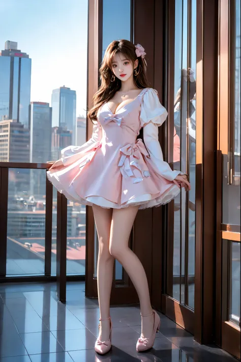 cyb dress, pink dress, dress, pom pom, bow, long sleeves, puffy sleeves
 ,(masterpiece, best quality, ultra detailed:1.2), (photorealistic:1.3), (knee shot:1.4), 1 girl, young Asian woman, (standing pose:1.3), (Full bust, visible cleavage, very short hemli...