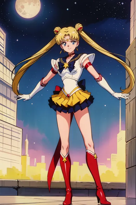 1girl, solo, looking at viewer, EPsmSailorMoon, blonde hair, blue eyes, long hair, very long hair, parted bangs, twintails, hair bun, double bun, miniskirt, choker, bow, crescent earrings, starry sky, knee boots, red choker, white gloves, moon, red bow, sk...