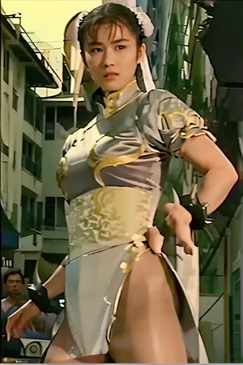 Chunli, Silver Costume, Make a poster for a martial arts movie, Hollywood Style,  the details of the face are drawn accurately,  The details of the clothes are accurately drawn , Two white loaves, HD, 映画ではChunliが宿敵に敗北します, ポスターの中ではChunliが強力な敵に追い込まれている様子を描いて...