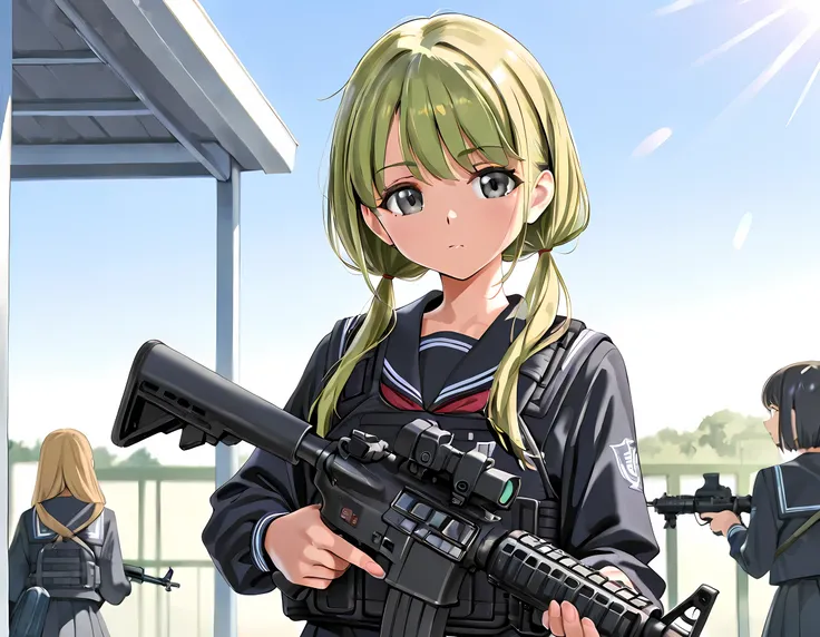 masterpiece, best quality, 8K, high detailed, vector illustration, detailed beautiful face, (yd\(orange maru\):0.9), (reizei\(cyclone\):0.6), (ame\(uten cancel\):0.6), school uniform, JK, Cinematic Girls With Guns Style, upper body, sunlight, clear sky,  A...