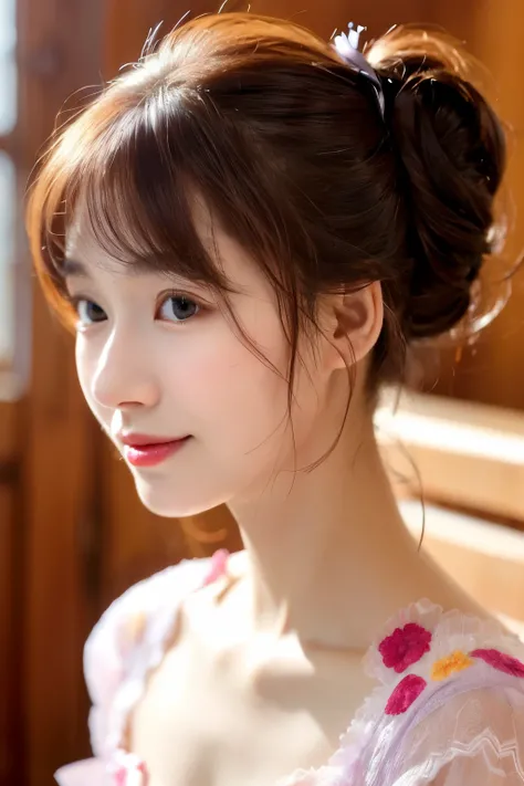 ((Highest quality)), ((masterpiece)), ( exhaustive), A japanase adult woman in a pale purple dress with red brown hair, sit on the bed, a-line dress, Lace-embroidered dress, medium hair, swept bangs, wavy hair, updo hair, soft wisps around the ears, droopi...