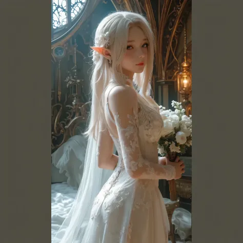 A picture of a woman wearing a wedding dress ,  supernatural beauty ,  A beautiful virgin , A beautiful fairy girl,   pale porcelain white skin ,  A beautiful fairy empress , (( A beautiful fairy empress )),   body and face with beautiful details  ,  pale ...