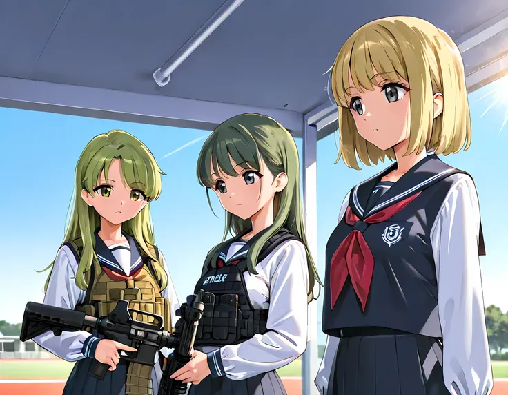 masterpiece, best quality, 8K, high detailed, vector illustration, detailed beautiful face, (yd\(orange maru\):0.9), (reizei\(cyclone\):0.6), (ame\(uten cancel\):0.6), school uniform, JK, Cinematic Girls With Guns Style, 2girls upper body, sunlight, clear ...