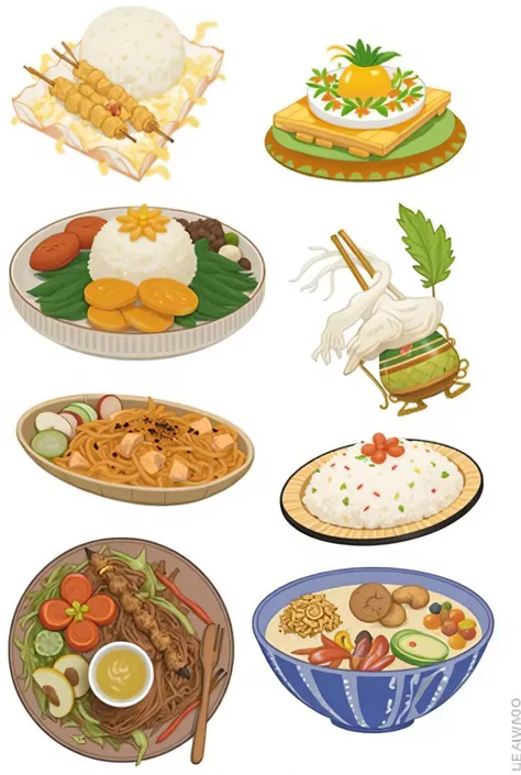 This image showcases a collection of illustrations depicting various Indonesian dishes. Let's analyze its visual aspects and potential uses:

Visual Aspects:

Style: The style is a consistent, slightly stylized illustration style. It's not photorealistic b...