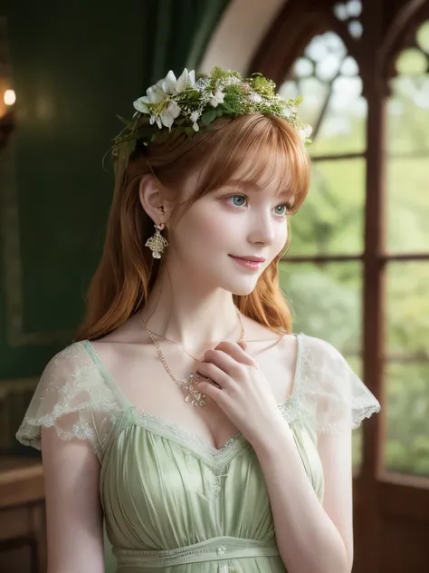 Highest quality,  professional lighting, natural light, very detailed, realistic, beautiful detail eyes,Fairytale Scene, 1 girl, 23 years old, cute, pale skin, green eye, ginger hair, natural makeup, earrings, Spring Decorating Dress,  clover necklace, Ire...