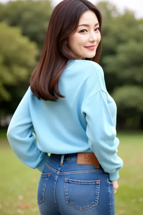 ( top quality、 table top、8k、 Highest quality、  Award-winning work  )、 ( 50 year old mature woman:1.1)、face、simple long sleeve sweatshirt、( DENIM LONG JEANS:1.1)、( Photo from below:1.4) 、私を見つめる笑face、(Rear View:1.1)、(Take a picture of a standing woman's butt...