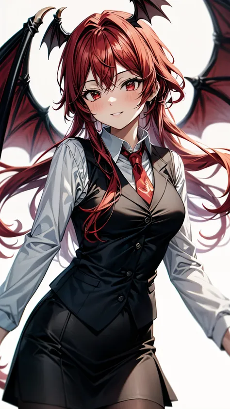 (Ultra High Quality,Ultra High Definition,16k,super masterpiece,Ultra HD , detailed shading and background,)one girl, long red hair with ocean print,bat feathers on the head, devil's wings on the back, white long sleeve shirt,Black vest,black skirt,smile,b...