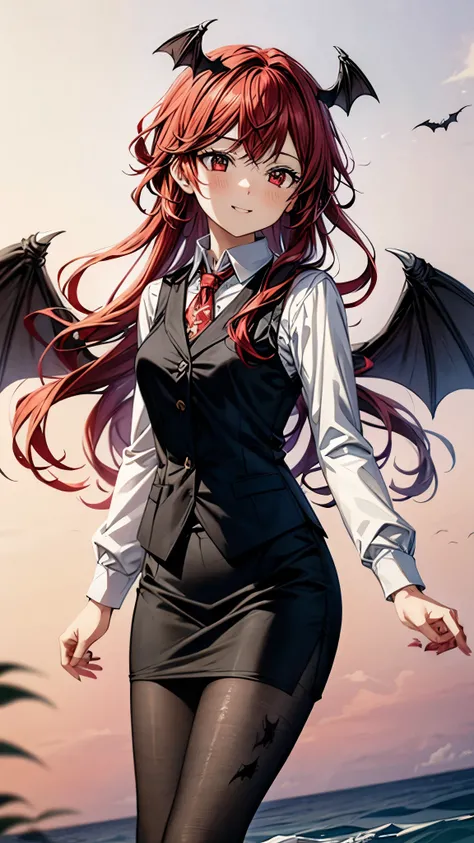 (Ultra High Quality,Ultra High Definition,16k,super masterpiece,Ultra HD , detailed shading and background,)one girl, long red hair with ocean print,bat feathers on the head, devil's wings on the back, white long sleeve shirt,Black vest,black skirt,smile,b...