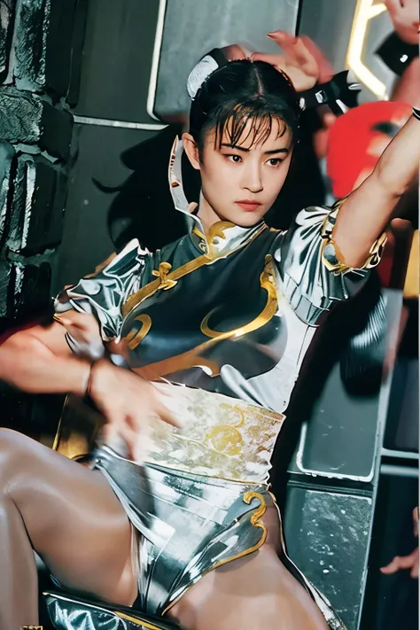 Chunli, Silver Costume,  martial arts movie, Hollywood Style,   face sleeping tied to a stretcher are accurately depicted  ,   The details of the clothes are accurately drawn   , Two white loaves, High Resolution, 映画inはChunliが宿敵に敗北します, ポスターの中inはChunliが強力な敵...