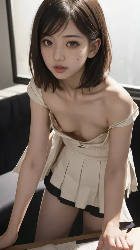  Japanese girls wearing loose costumes  ,  down blouse that shifts the chest , thoracic,(((small breasts))),(slender) , ((Beautiful breasts, flat chest )), (((( lean forward,  sign in at desk memo)))), With laughing friends, in classroom,((close-up)), ( fr...