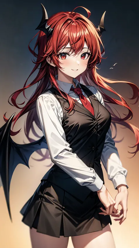 (Ultra High Quality,Ultra High Definition,16k,super masterpiece,Ultra HD , detailed shading and background,)one girl, long red hair with ocean print,bat feathers on the head, devil's wings on the back, white long sleeve shirt,Black vest,black skirt,smile,b...