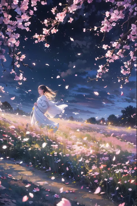 beautiful, Women Are Walking, Windless Prairie, night, 
 BREAK Multiple Exposures , Permeable Overlay, Cherry Blossom Petals Dancing in the Wind, 0__11Xx _illu, Detailed and Charming Cherry Blossoms, 
Let the wind blow in the windless scene, 