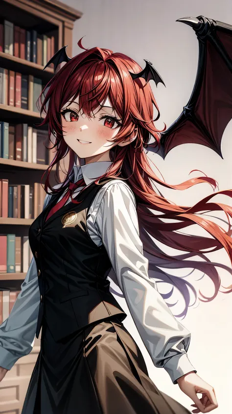 （Ultra High Quality,Ultra High Definition,16k,super masterpiece,Ultra HD , detailed shading and background,）one girl, long red hair with ocean print,bat feathers on the head, devil's wings on the back, white long sleeve shirt,Black vest,black skirt,smile,b...