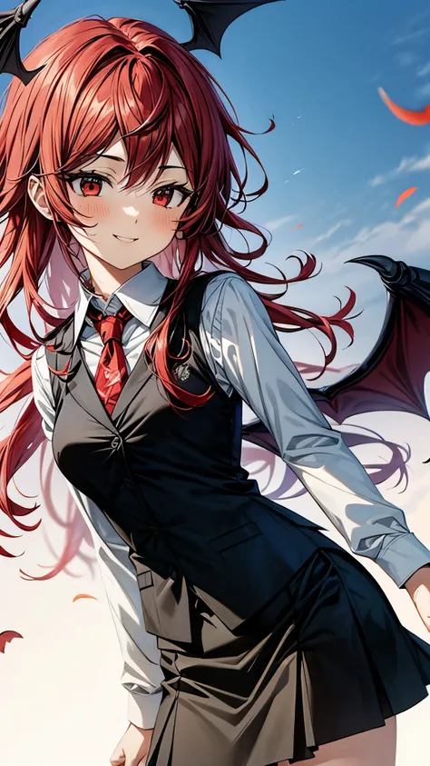 (Ultra High Quality,Ultra High Definition,16k,super masterpiece,Ultra HD , detailed shading and background,)one girl, long red hair with ocean print,bat feathers on the head, devil's wings on the back, white long sleeve shirt,Black vest,black skirt,smile,b...
