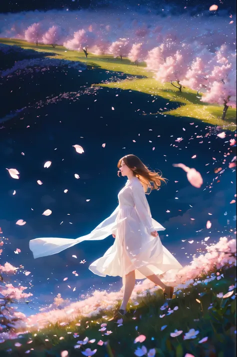 beautiful, Women Are Walking, Windless Prairie, night, 
 BREAK Multiple Exposures , Permeable Overlay, Cherry Blossom Petals Dancing in the Wind, 0__11Xx _illu, Detailed and Charming Cherry Blossoms, 
Let the wind blow in the windless scene, 