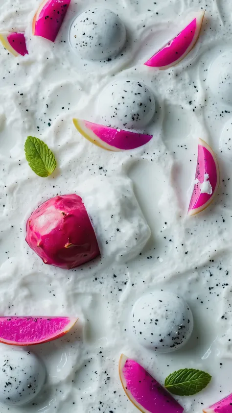 This image is a stylized food photograph featuring dragon fruit pieces and whole dragon fruit balls submerged in a creamy , likely coconut milk. Let's analyze its features and potential uses:

Features:

Style: The style is highly stylized and artistic. Th...