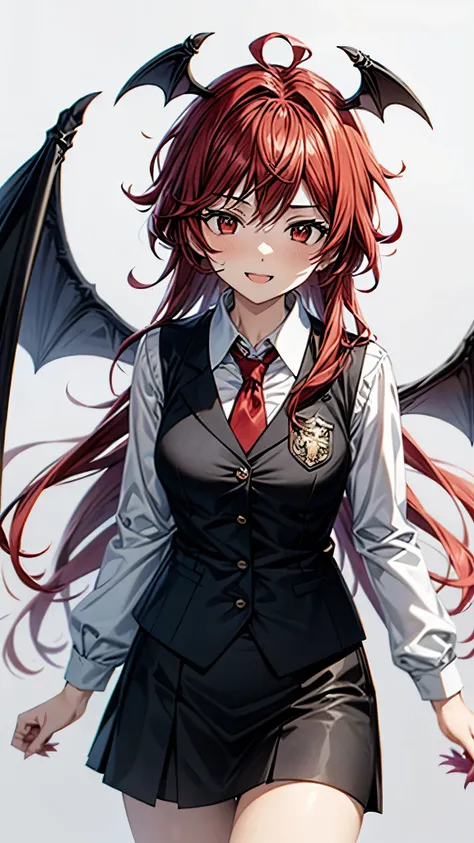 (Ultra High Quality,Ultra High Definition,16k,super masterpiece,Ultra HD , detailed shading and background,)one girl, long red hair with ocean print,bat feathers on the head, devil's wings on the back, white long sleeve shirt,Black vest,black skirt,smile,b...