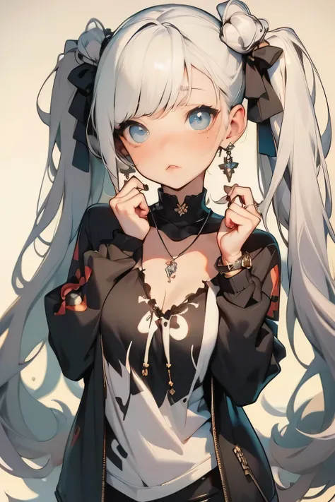 huge, twin tails, Silver Hair, hoodie, vintage gothic, Pause , cute, looks up, high quality, necklaces, ring, bracelets, Earrings