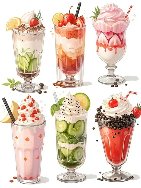 This image showcases six meticulously rendered illustrations of elaborate dessert drinks, likely inspired by Japanese-style cafes or parlors. Let's break down its key aspects:

Features:

Style: The illustrations are done in a soft, painterly style with a ...