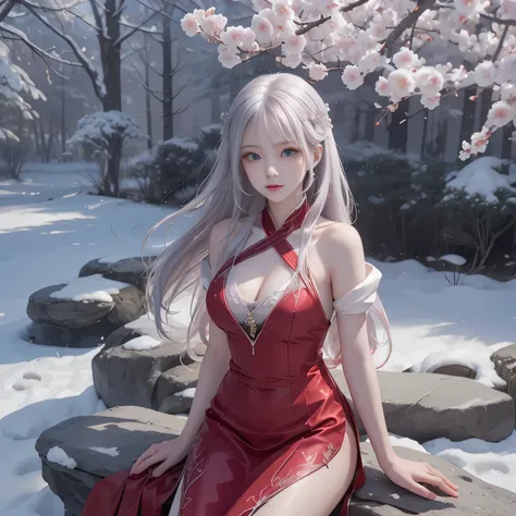 A very beautiful girl who looks like Hinata from Naruto anime stands among the ice trees. A very beautiful high-quality view shows luxury. Cherry trees are a beautiful red dress that is amazing and seductive