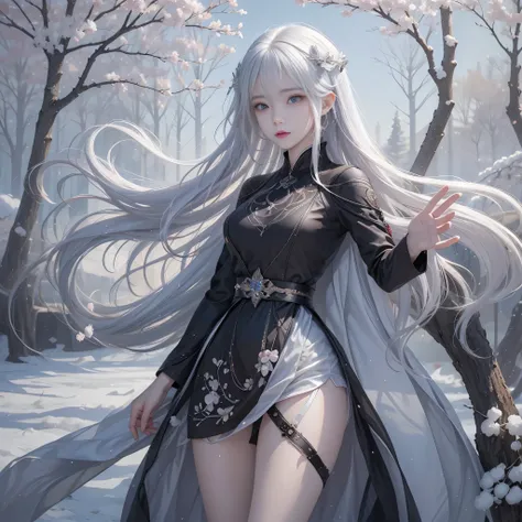 A very beautiful girl looks like Hinata from Naruto anime standing among the ice trees. A very beautiful high-quality view shows luxury. Cherry trees are a beautiful black dress that is amazing and seductive