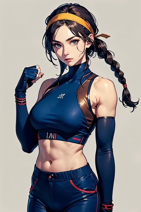 Female Fighter、 upper body up、 illustration style、 mature、 is tall  、simple background、fighting pose、 bullish expression、 gloves、 headband、 single braids、( Blue clothes)、 arm cover、(  Hair)、   Trained Biceps   、(brown long pants)