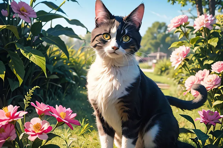 painting of a cat with a colorful face and eyes, Airbrush painting by Zahari Zograf,  shutterstock,  furry art,  beautiful 4K art, 4K highly detailed digital art with flowers and leaves, cat.  Photographic Realistic ,  Photographic Realistic  highly detail...