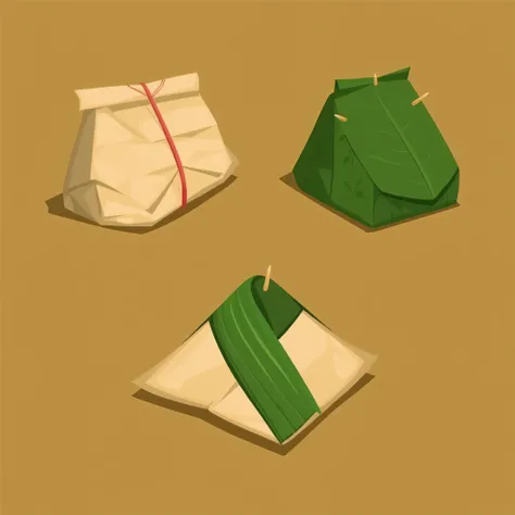 This image shows a cartoon illustration of three different types of food packaging, all using some form of leaf wrapping. Let's analyze it:

Visual Aspects:

Style: The style is simple, cartoonish, and flat. It uses bold outlines and solid colors without s...