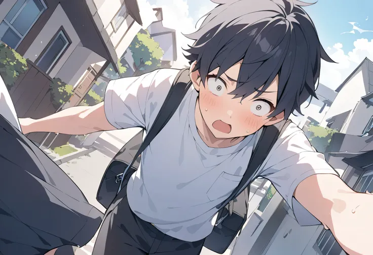 male middle school student、 male、One person、、 school uniform、white cutter shirt、Black trousers、 black hair、black bag 、Confused、 surprised、sweat、coming out of mouth、 residential area、 front shot、 point of view、dutch angle shot、close-up