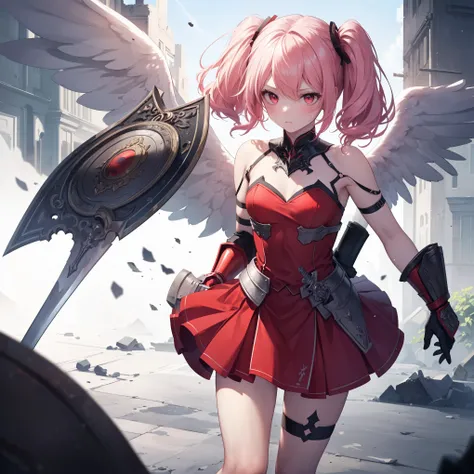 ((Angel girl with sword and shield)), High-quality, masterpiece, delicate hair, intricate eyes, high resolution, exceptional detail, photo-realistic, ((a single girl, full-body depiction, cute girl, beautiful girl, long pink hair, twin-tails, red eyes, ang...