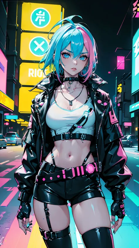 This image features a cyberpunk-style female character (cyberpunk aesthetic) in a futuristic, neon-lit urban environment (vibrant rainbow neon lighting), (she has striking two-toned hair), ((half blue and half pink bold hair color contrast)), (rainbow hair...