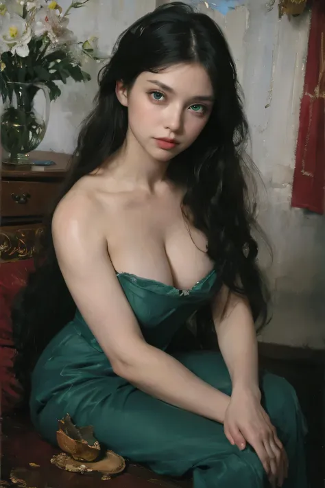 (oil painting:1.5),
\\
a woman with (long curtly hair ), ((green eyes)) winter, peony, (amy sol:0.248), nude , with blue dress,  (stanley artgerm lau:0.106), (a detailed painting:0.353), (gothic art:0.106)