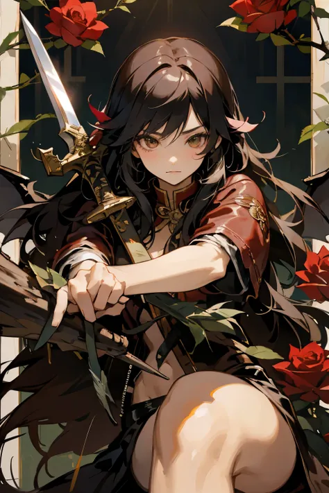 Emo Chen , rose bush , dragon ,heart,Feather,wing,[branch, A long-haired girl with a sword in her hand is half-naked and wearing a leather jacket ， Man's Face Behind 