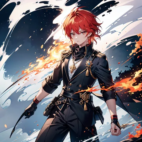high quality, masterpiece, delicate hair , delicate eyes full of determination, high quality, man, handsome man, sharp golden eyes, neutral expression, bright red hair, golden eyes, mysterious look, muscular, wearing a messy black shirt, black skinny pants...