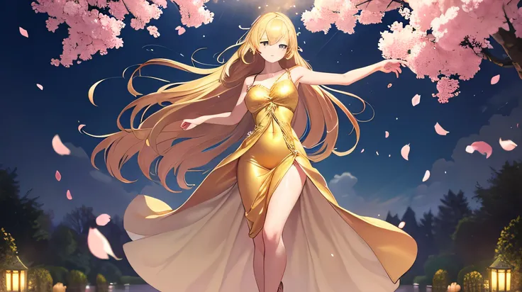 The background is a clear sky、under a large cherry tree, A lot of cherry blossom petals are dancing in the wind, 
a beautiful girl with long flowing blond hair、 with elegant curls 、 and she is wearing a shining golden dress ,
She exudes a dreamy and myster...