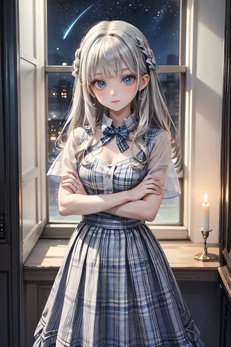 (masterpiece),(Highest quality:1.2),((perfect anatomy)),(( cross your arms around your back)),(1 girl),(flat chest),Highest quality,( Royal Blue White Plaid Long Skirt:1.3),( Sheer White Knit Clothes ),( long silver hair), beautiful detailed blue eyes ,bea...