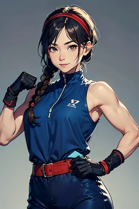 Female Fighter、 upper body up、 mature、 illustration style、 is tall 、simple background、fighting pose、 inappropriate smile、 gloves、 headband、 single braids、( Blue clothes)、 arm cover、(  Hair)、  ( trained biceps )  、(brown long pants)