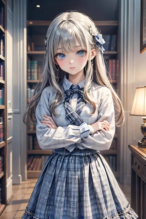 (masterpiece),(Highest quality:1.2),((perfect anatomy)),(( cross your arms around your back)),(1 girl),(flat chest),Highest quality,( Royal Blue White Plaid Long Skirt:1.3),( Sheer White Knit Clothes ),( long silver hair), beautiful detailed blue eyes ,bea...