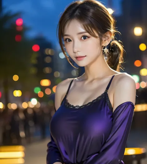 1 girl, beautiful girl、Alone, High Resolution, 最high quality, high quality, textured skin, Ultra High Precision, ((brown hair、ショートカットの右サイドPonytail)),((Big Breasts,Big Breasts)),earrings, ((Night view background with a starry sky)), ribbon hair accessory, (...