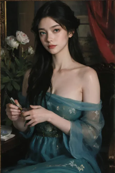 (oil painting:1.5),
\\
a woman with (long curtly hair ), ((green eyes)) winter, peony, (amy sol:0.248), nude , with blue dress,  (stanley artgerm lau:0.106), (a detailed painting:0.353), (gothic art:0.106)