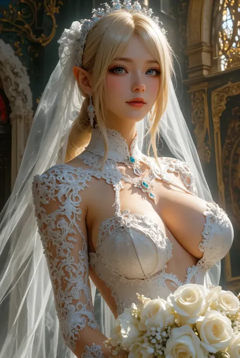  best quality , Super quality, 16k,  Unbelievably Absurd,  very detailed,  lovely photo,  delicate and dynamic,  Kiri Reina female,  seductive smile,  pure white wedding dress ,  great style , bouquet,  steampunk,  DIESEL PUNK ,  clock punk ,  cyberpunk, G...