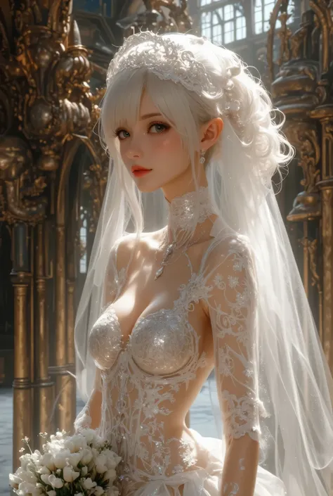  best quality , Super quality, 16k,  Unbelievably Absurd,  very detailed,  lovely photo,  delicate and dynamic,  Kiri Reina female,  seductive smile,  pure white wedding dress ,  great style , bouquet,  steampunk,  DIESEL PUNK ,  clock punk ,  cyberpunk, G...