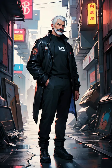 Old male full body and white moustache in cyberpunk style