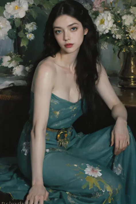 (oil painting:1.5),
\\
a woman with (long curtly hair ), ((green eyes)) winter, peony, (amy sol:0.248), nude , with blue dress,  (stanley artgerm lau:0.106), (a detailed painting:0.353), (gothic art:0.106)