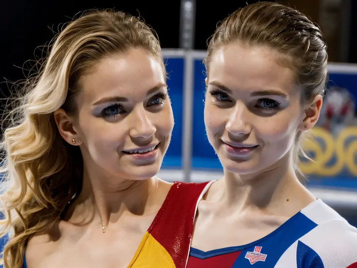 2heads, highly detailed, best resolution, closeup, two-headed girl, age 22, American, beautiful, curly blonde hair, pale skin, Olympic figure skater, on an ice rink, ice skating, wearing her country's colors,